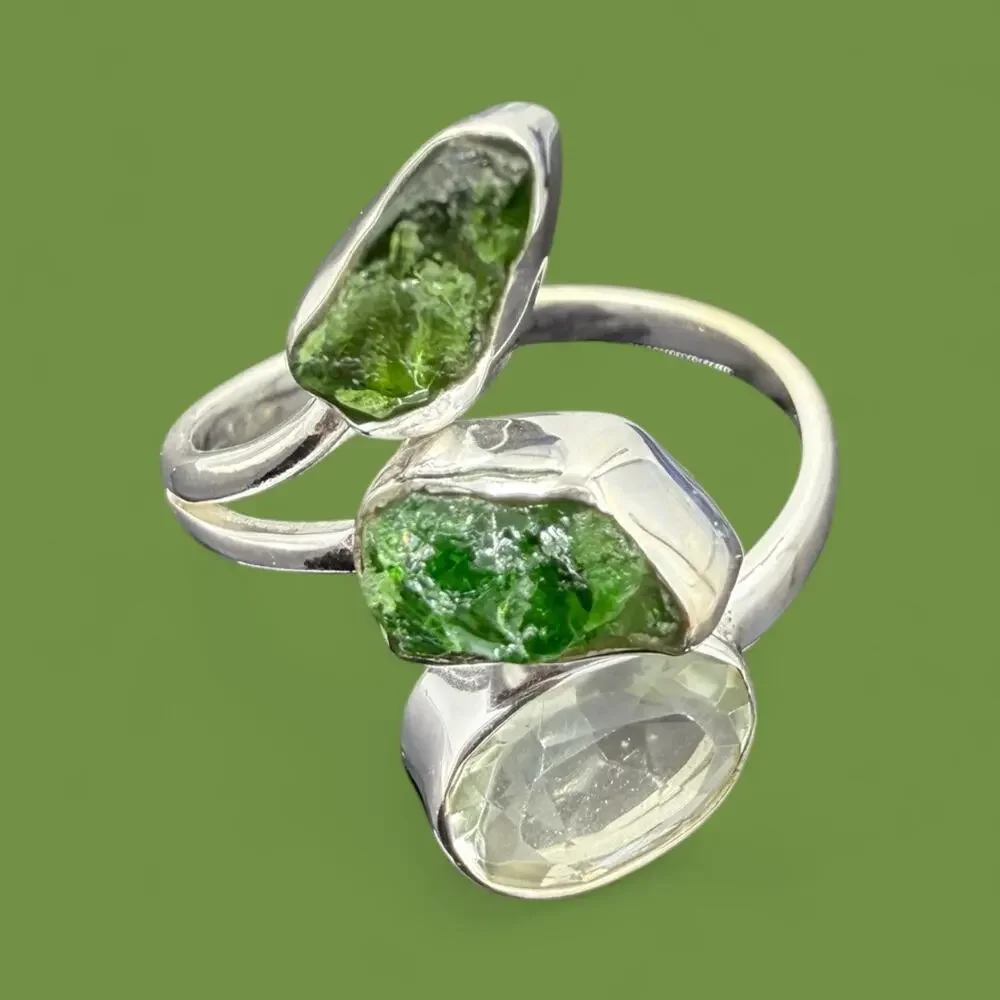 Natural Raw Chrome Diopside Prasiolite Ring 925 Sterling Silver Size 9 - Picture 5 of 9